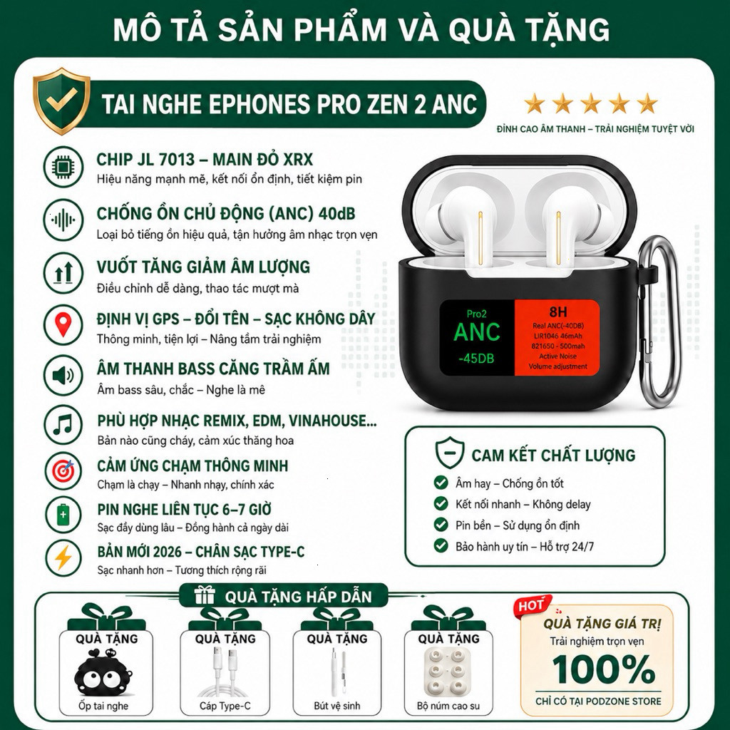 [PRO ZEN 2 ANC] Tai Nghe Bluetooth Ephones Pro*2 ANC JL 7013 l Chống Ồn - Xuyên Âm l Tăng Giảm Âm Lư