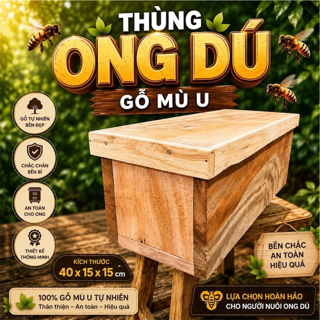 Thùng Ong Dú Gỗ Mù U - Kích Thước 40x15x15 cm - Thiết Kế Thông Minh - An Toàn Cho Ong - Chất Lượng T
