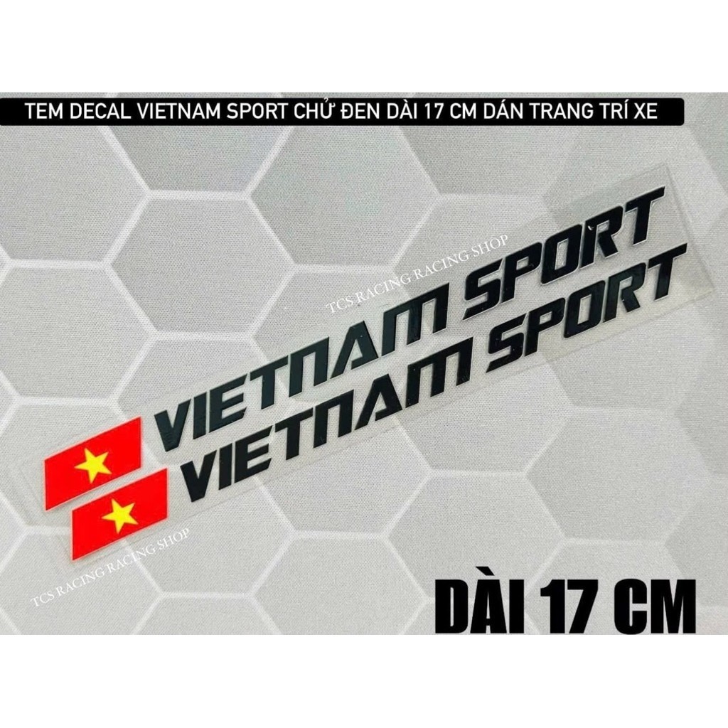 [ 1 CẶP ] TEM DECAL VIETNAM SPORT CHỬ ĐEN DÀI 17 CM DÁN TRANG TRÍ XE