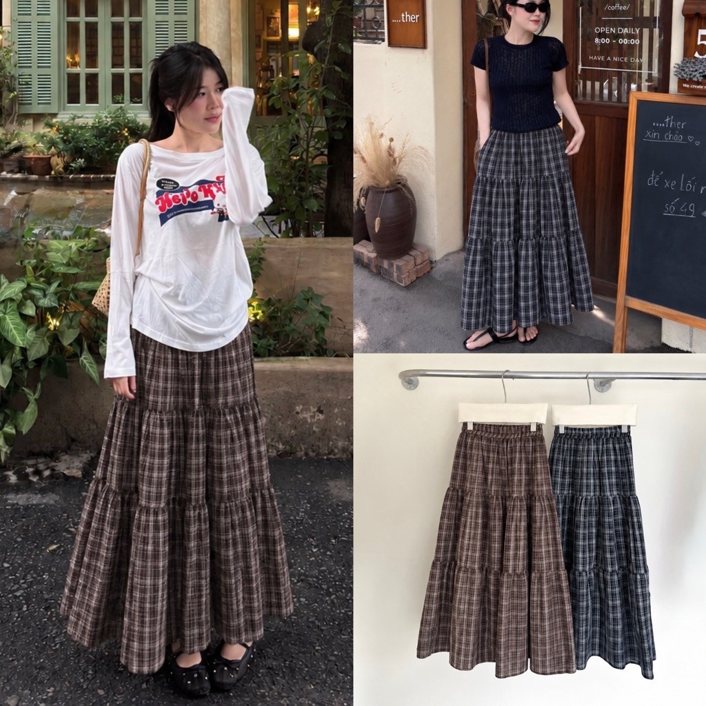 [Hàng Loại 1] Chân váy midi kẻ caro cạp chun form xoè rộng dáng dài style vintage - A2229