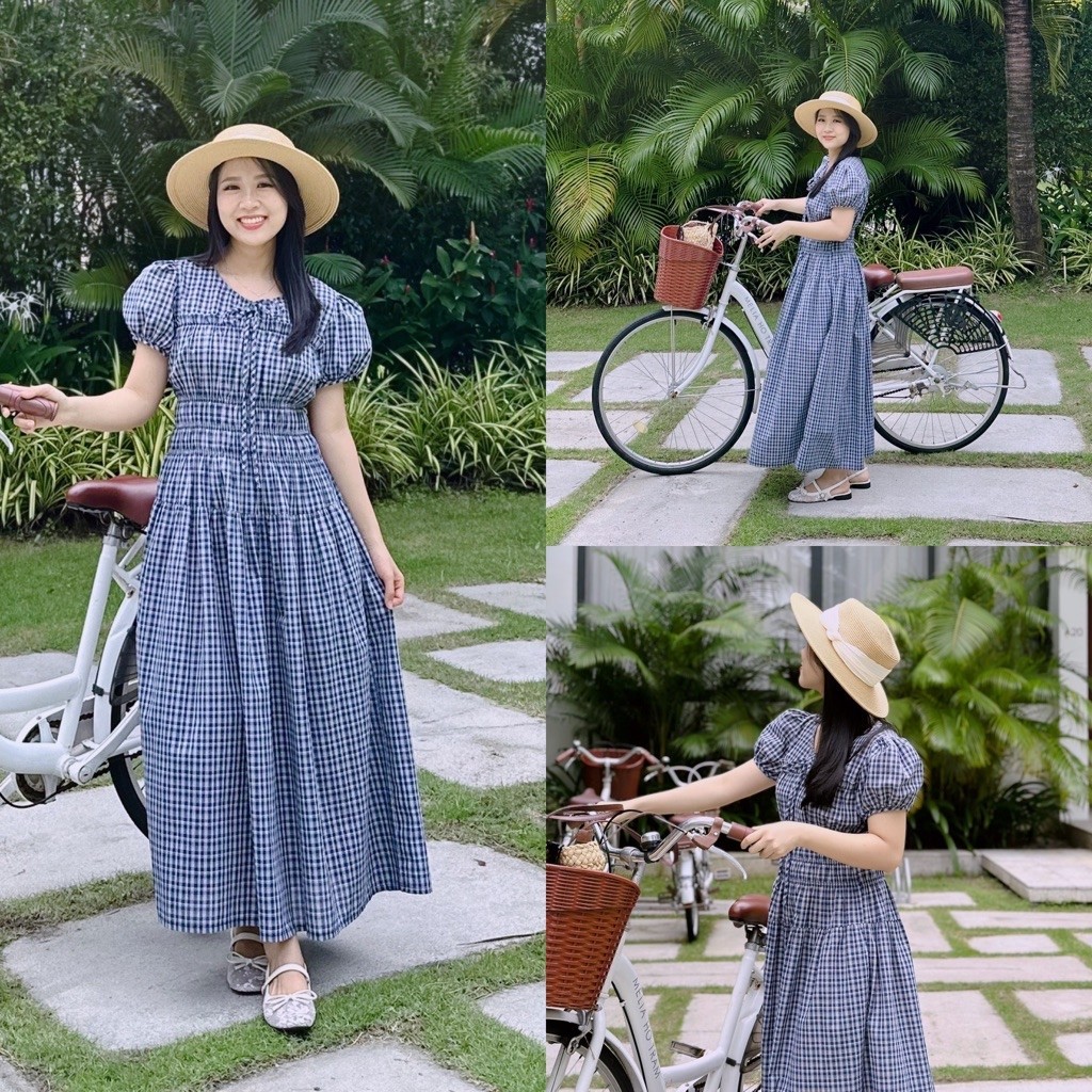 Đầm Dài Bo Chun Hoạ Tiết Caro Tay Phồng Vintage - Yuri Dress