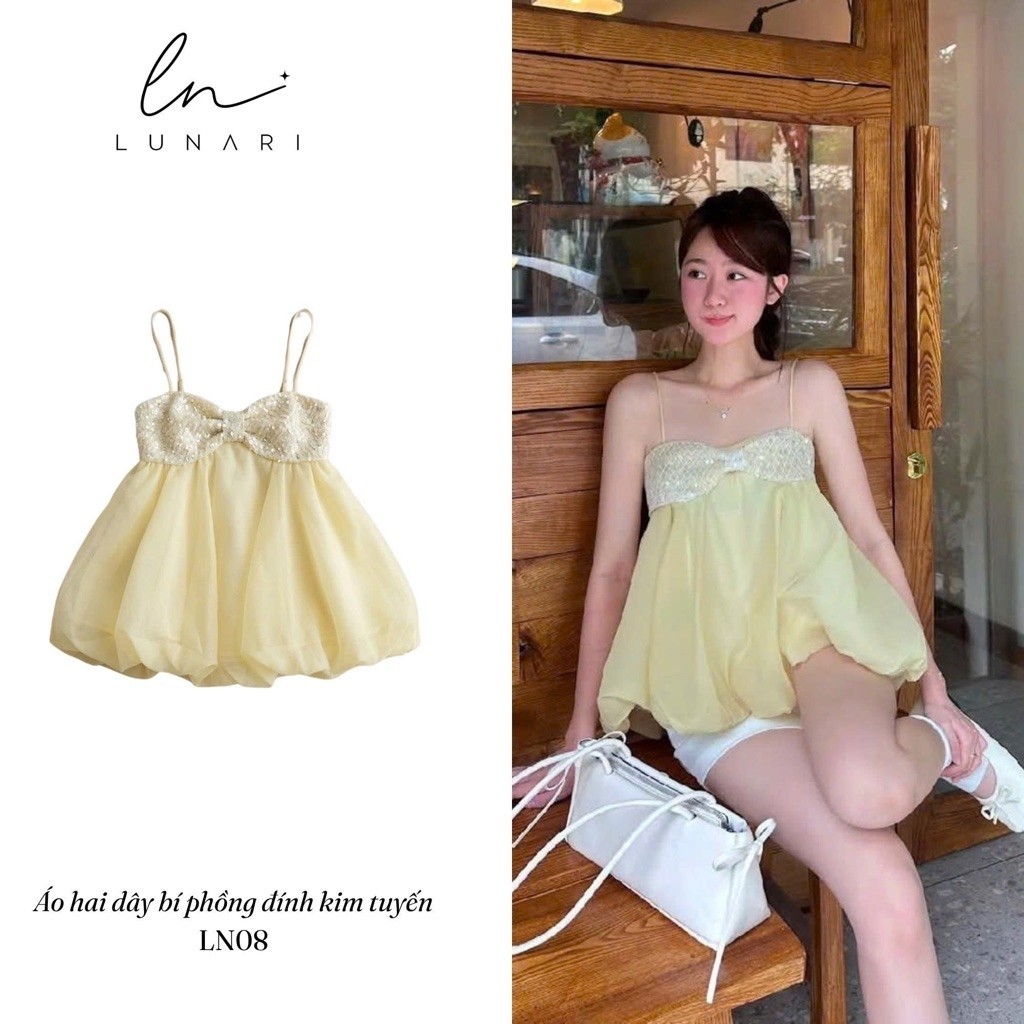 LUNARI Áo Hai Dây Nữ Đính Kim Tuyến Dáng Babydoll Phối Nơ LN08