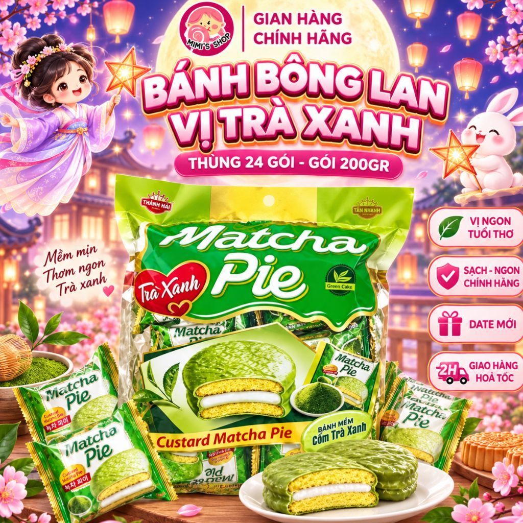 Thùng 24 Gói Bánh Bông Lan Mềm Vị Matcha Trà Xanh 200g, Bánh Mềm Xốp Thơm Ngọt Dịu, Đồ Ăn Vặt | Mimi
