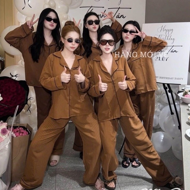 Set Bộ Ngủ Nữ , Set Bộ Pijama Sọc Viền Nâu Cổ Véc Vintange