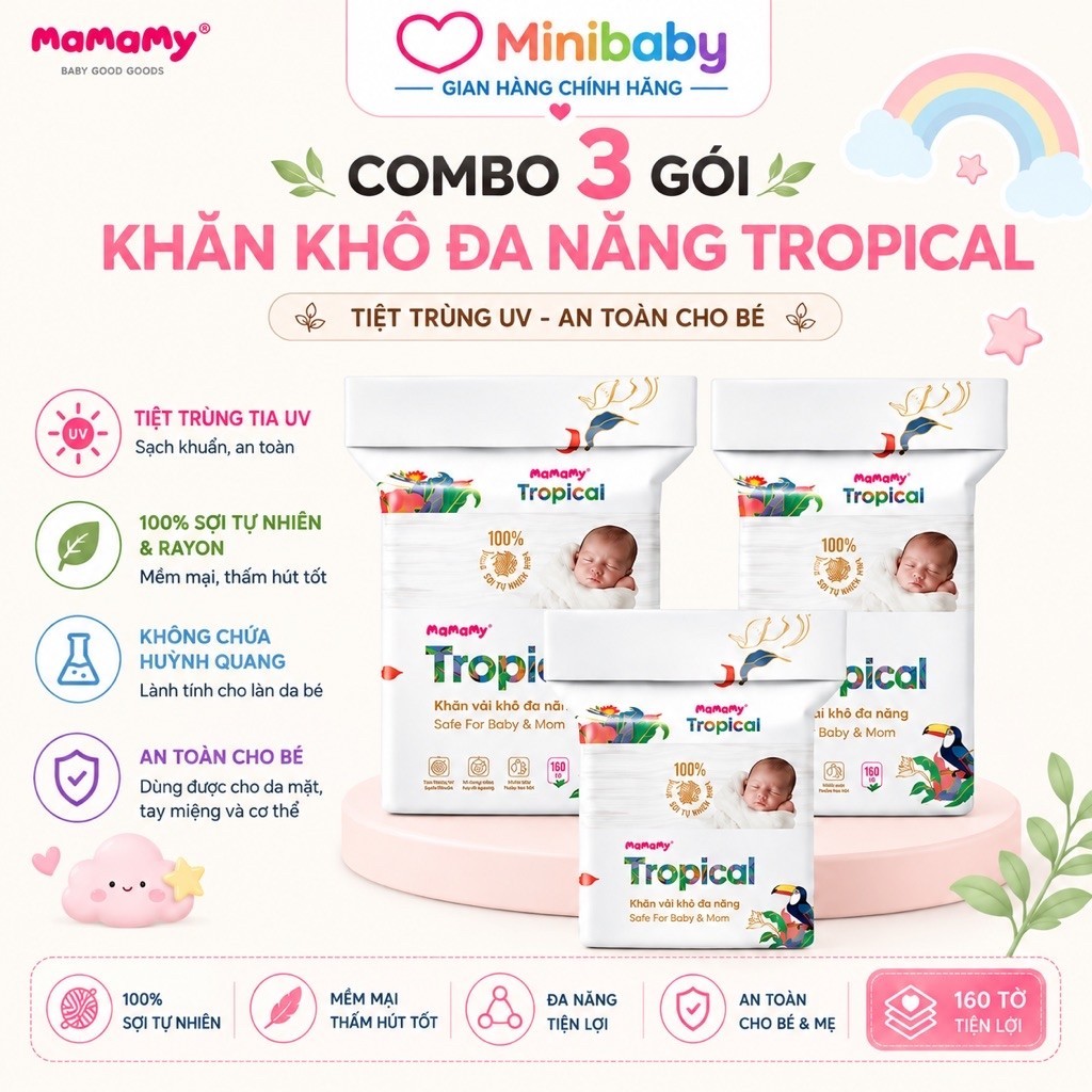 Khăn Vải Khô Đa Năng Mamamy Tropical – Combo 3 Gói Khăn Khô Cho Bé Sơ Sinh, Lau Mặt, Lau Tay An Toàn