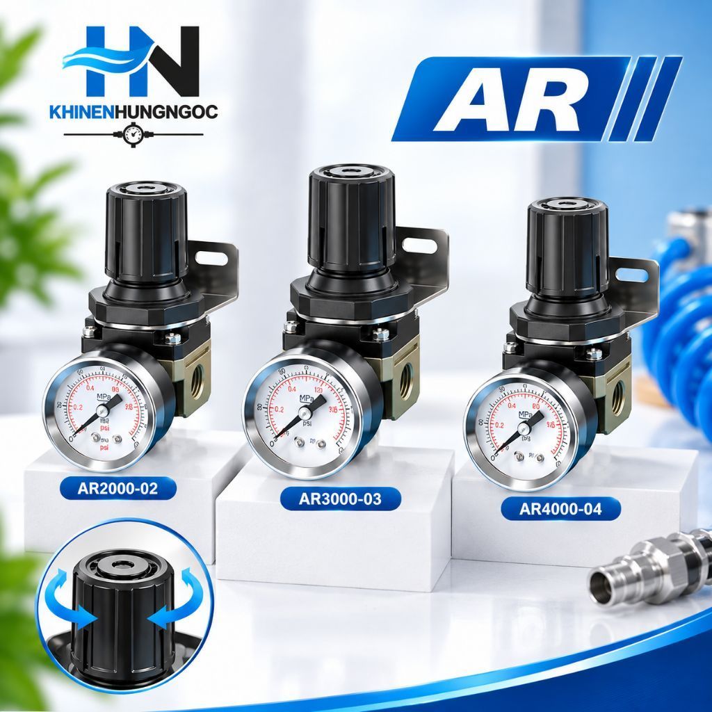 Bộ Điều Chỉnh Áp Suất Khí Nén AR2000-02 AR3000-03 AR4000-04 Kèm Đồng Hồ – Van Điều Áp Khí Nén