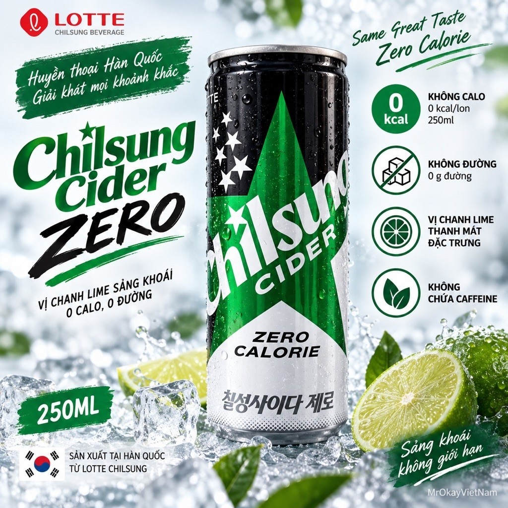 Chilsung Cider Zero 250ml,Nước Có Ga Hàn Quốc 0 Calo 0 Đường
