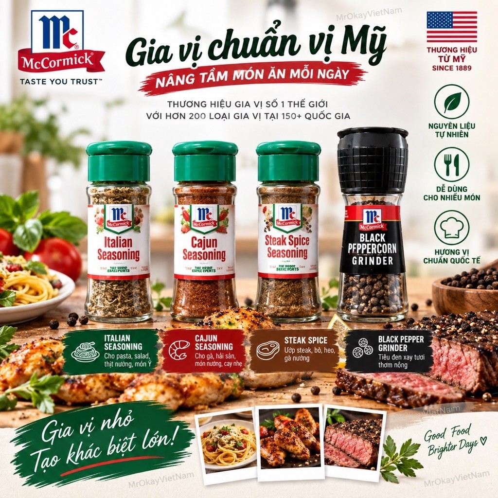 Gia Vị McCormick Nhập Khẩu size gia đình, Italian Seasoning, Cajun, Steak Spice, Tiêu Đen Grinder