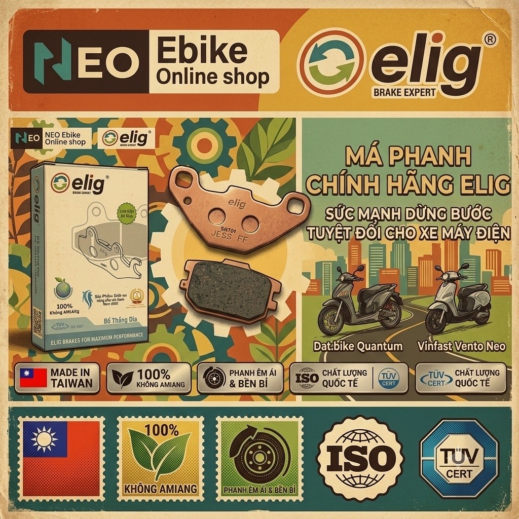 Má phanh (bố thắng) Elig chính hãng cho xe điện Dat.ibike Quantum/S, Vinfast Vento Neo, Vento S