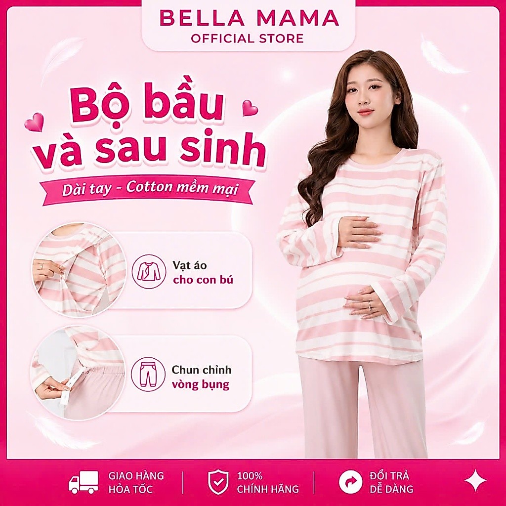Đồ Bộ Bầu Bella Mama Cotton Dài Tay Cho Bé Bú Bộ Bầu Quần Chun Co Giãn Mặc Nhà Sau Sinh - BN111