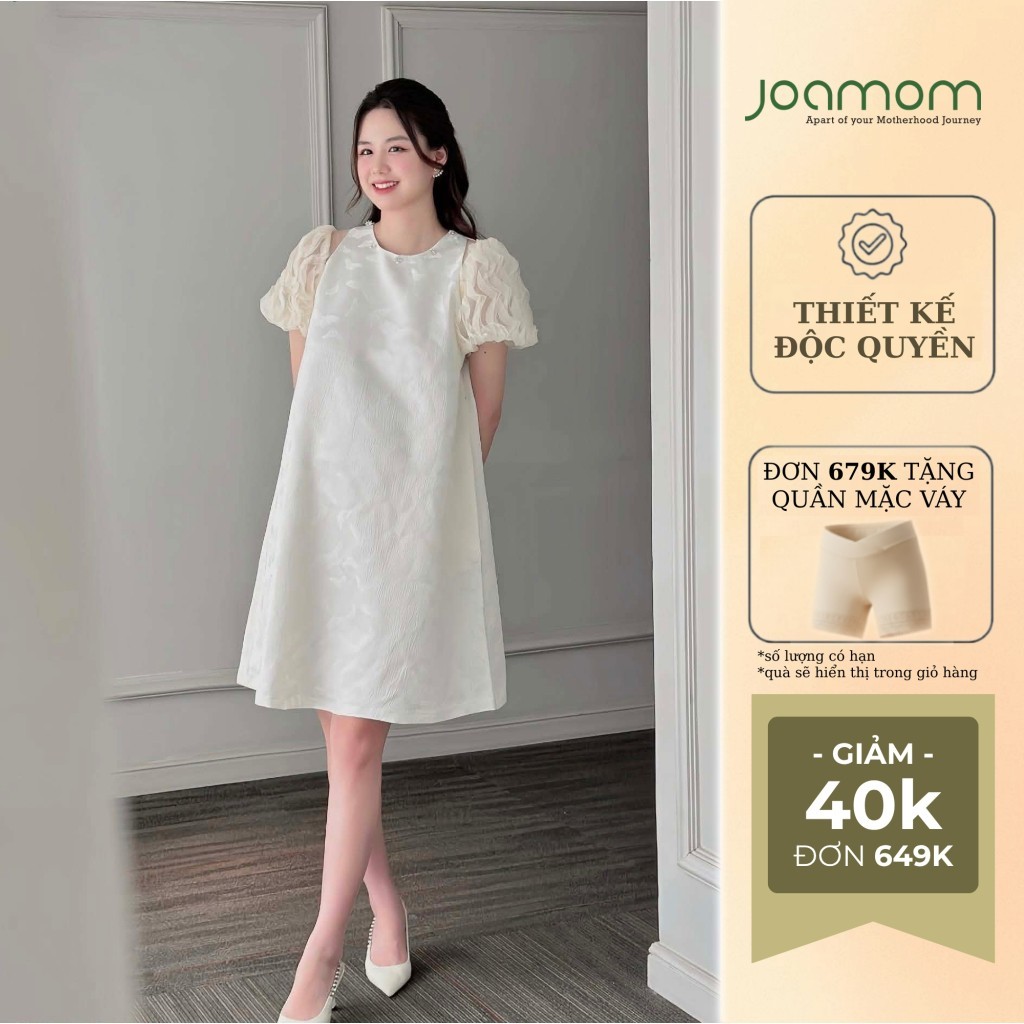 [KOL REVIEW] Váy Đầm Bầu Joamom Thiết Kế Tay Phồng Phối Ren Cổ Đính Đá Hàn Quốc - JVB406