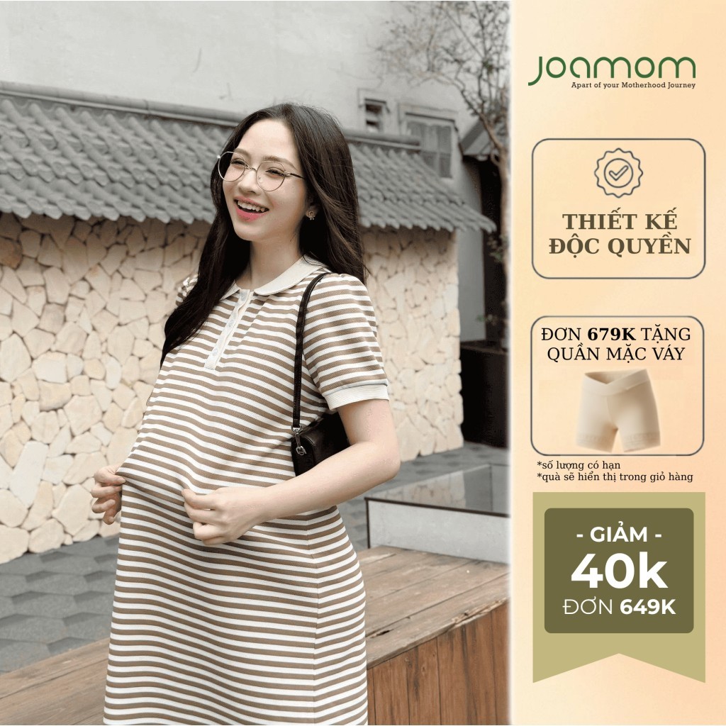 [Bestseller] Váy Bầu Đầm Bầu Joamom Cotton Kẻ Hàn Cổ Lá Sen Thanh Lịch - Chất Cotton Hàn Cao Cấp - J