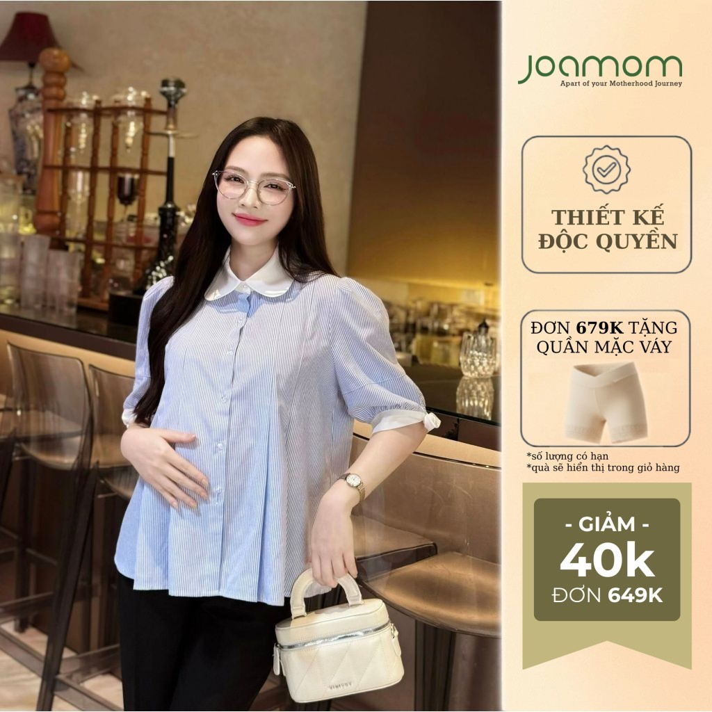 Áo Sơ Mi Bầu Công Sở JOAMOM Thiết Kế Xếp Ly Trước Che Bụng Tay Áo Buộc Nơ Thanh Lịch JBAB017