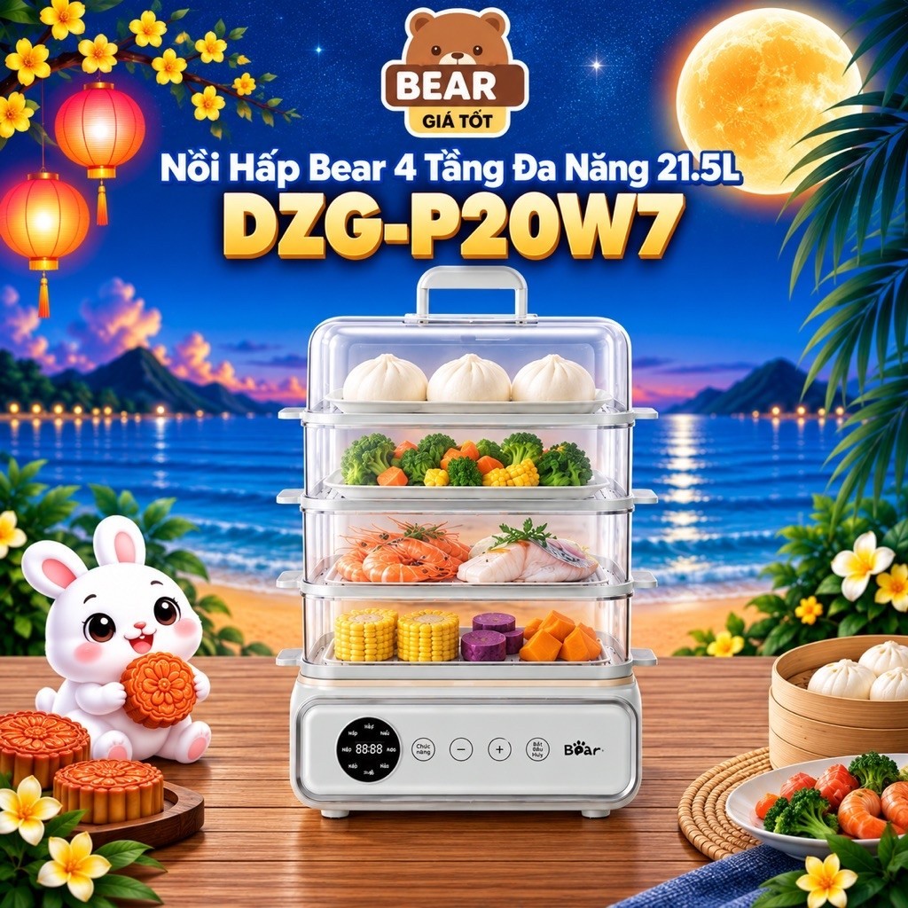 Nồi Hấp Bear 4 Tầng 21.5L DZG-P20W7 Đa Năng Hấp Nhanh Bảo Hành 18 Tháng