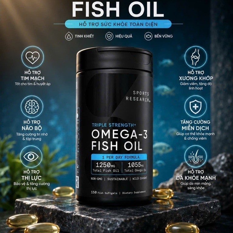 Sports Research Triple Strength Omega-3 Fish Oil 1250mg – 1055mg Omega-3 – 150 viên