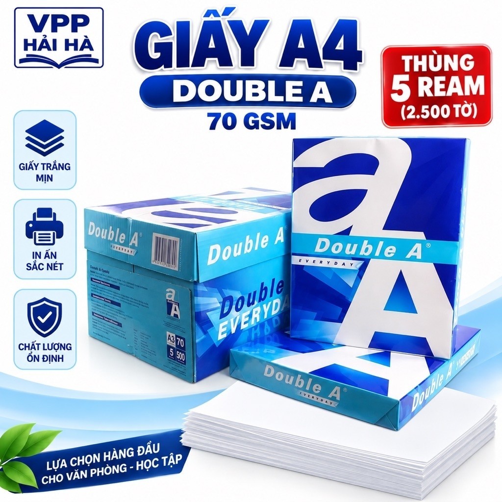 Combo 1 thùng 5 ream Double A 70 A4 ( 2500 tờ )
