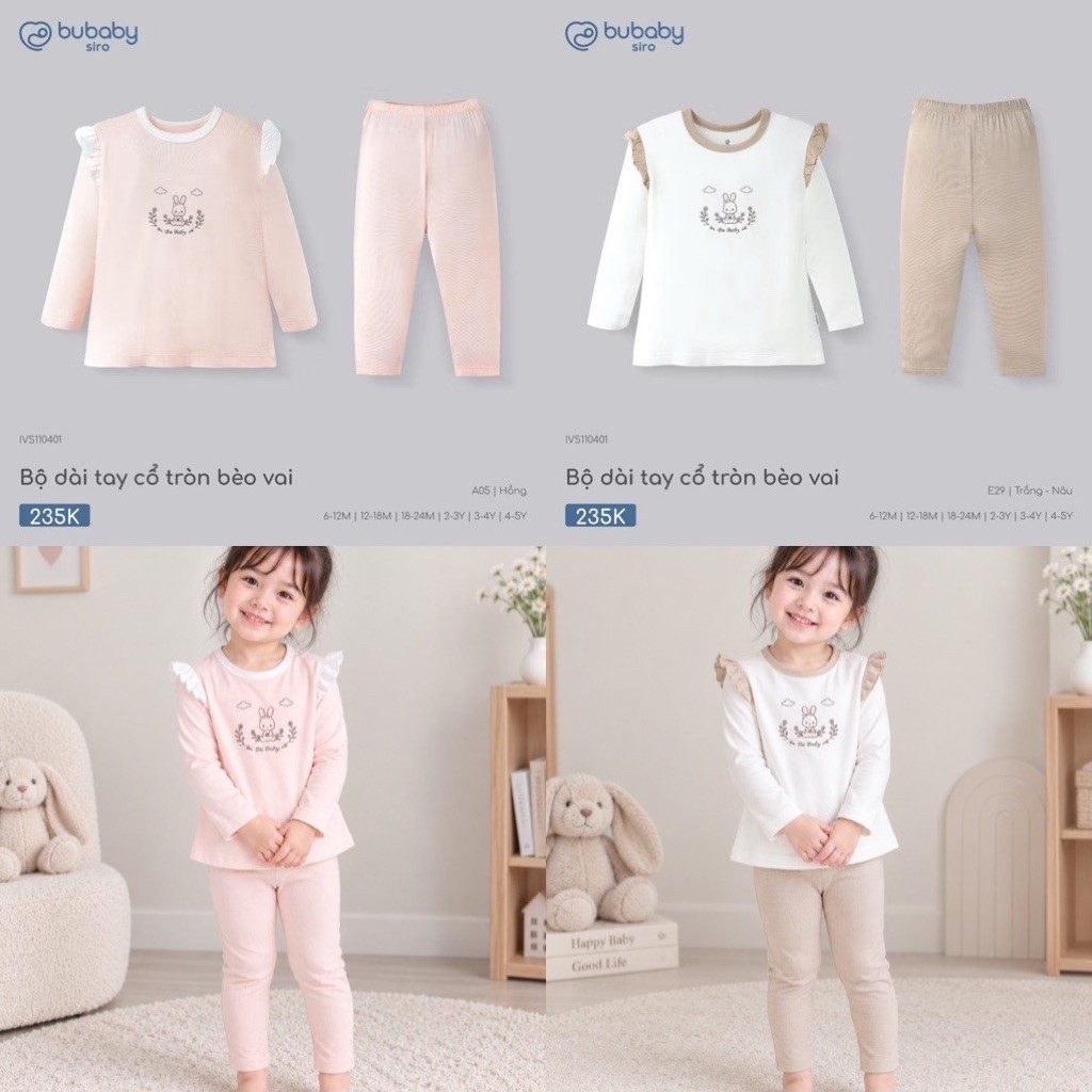 [BUBABY] Bộ dài tay cổ tròn bèo vai Bubaby