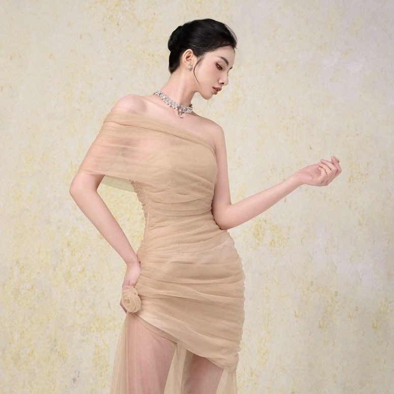 BYDI đầm tiệc voan trễ vai - size S (PASS)