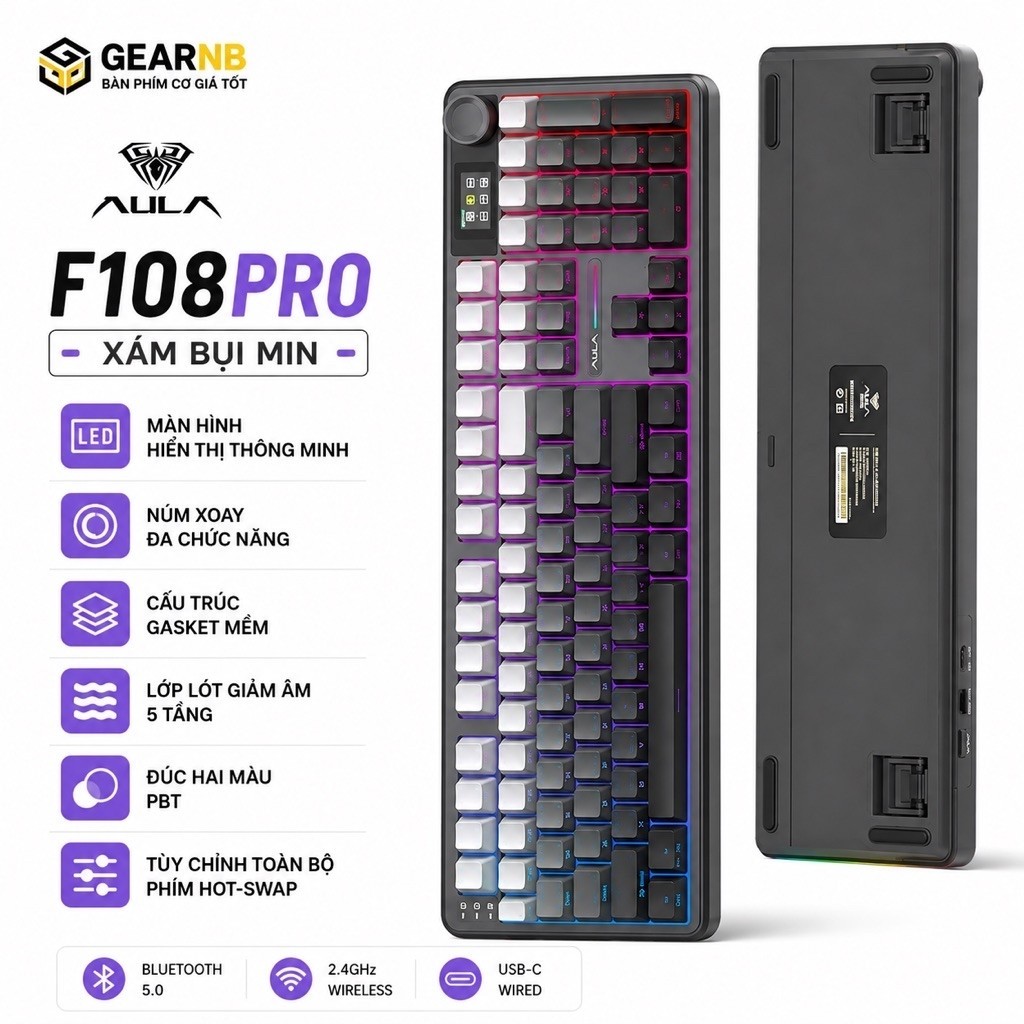 [Hoả tốc] Bàn Phím Cơ F108 Pro Fullsize 108 Phím | Bluetooth 3 Mode | RGB | Hot Swap | Pin Trâu | Gaming Văn Phòng