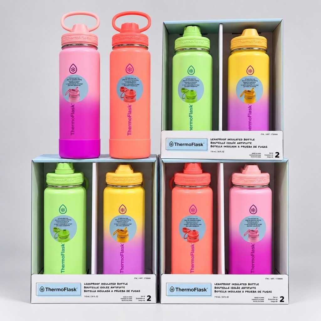 Bình Giữ Nhiệt ThermoFlask 710ml 24oz Set 2 Bình Có Quai Xách, Chống Rò Rỉ, Giữ Nóng Lạnh, Màu Paste