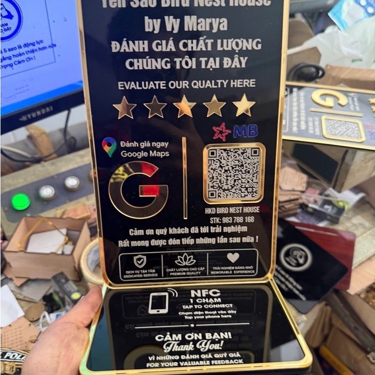 Bảng QR + NFC Luxury để bàn | Chạm mở Google Maps đánh giá & thanh toán | Thiết kế cao cấp cho Spa, 