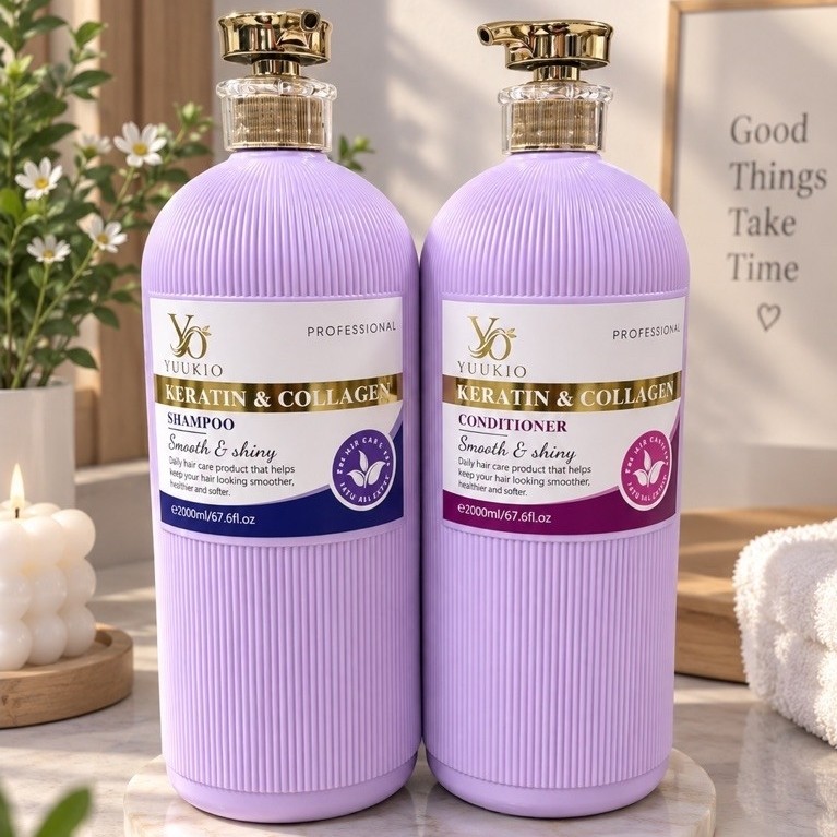 YUUKIO Keratin & Collagen là bộ dầu gội + dầu xả chuyên chăm sóc tóc, nổi bật với Keratin và Collage