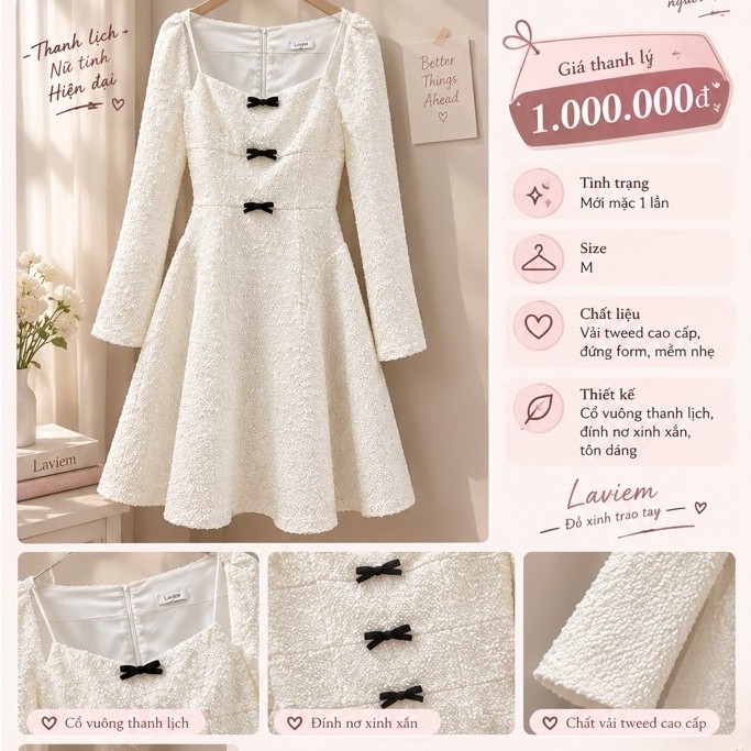 Thanh lý Váy Laviem thiết kế dài tay đính nơ - Cherry Dress