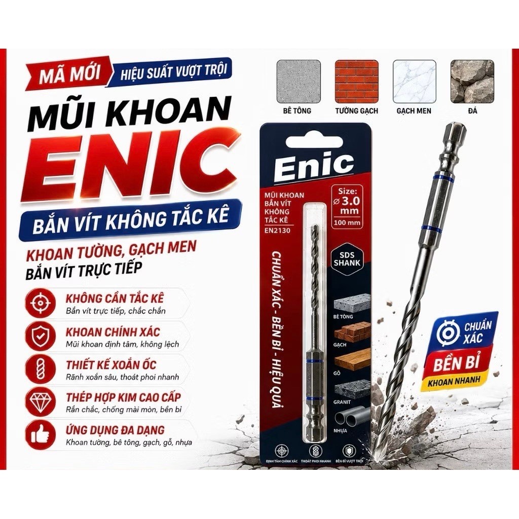 Mũi Khoan Đa Năng Khoan Tường- Gạch Men-Bắt Vít Không Dùng Tắc Kê ENIC