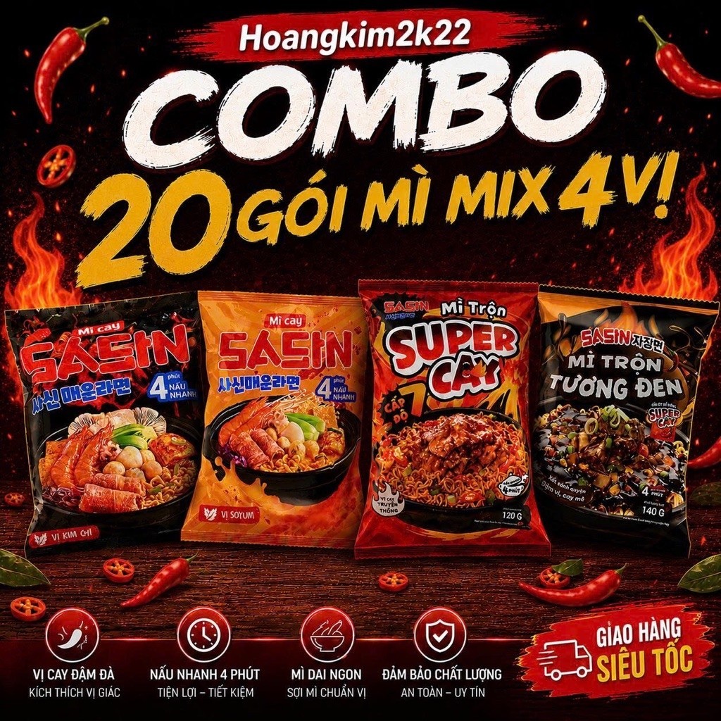 [ 20 GÓI ] MÌ CAY SASIN VỊ KIM CHI + SOYUM + TRỘN SIÊU CAY + TRỘN TƯƠNG ĐEN.