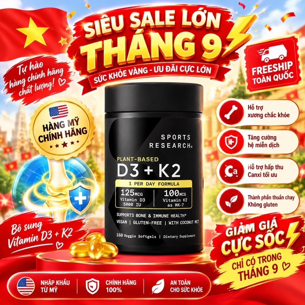 Sports Research D3 + K2 5000IU 125mcg & K2 MK-7 100mcg Plant-Based 160 Viên