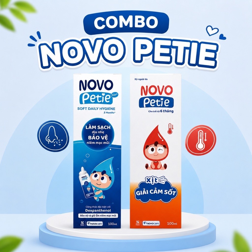 Combo xịt mũi  Novo petie 0,9% và xịt hạ sốt Novo petie từ 6 tháng tuổi dành cho bé iu