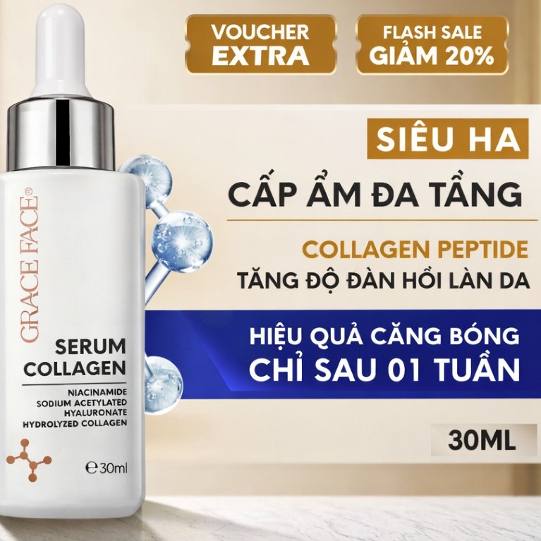 (Bản nâng cấp) Serum siêu HA + Collagen thủy phân căng bóng dưỡng trắng chống nhăn Grace Face 30ml