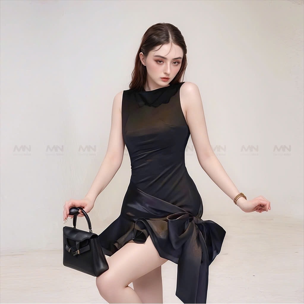 Đầm Đen Dự Tiệc MINA Style Hở Lưng Dáng Xoè Ngắn Chất Cotton Nhật Phối Lụa Màu Đen Quyến Rũ - MN302