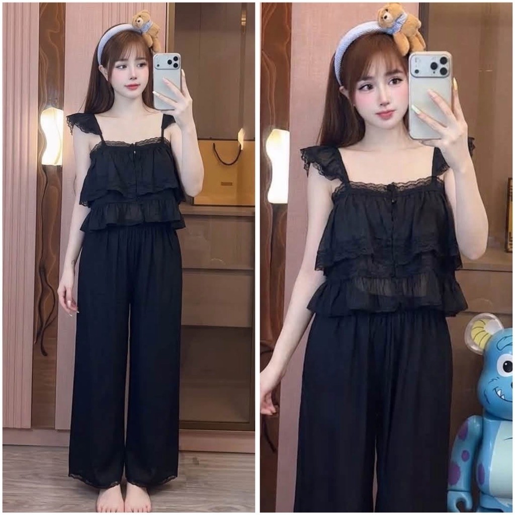 Bộ đồ ngủ mặc nhà 2 dây quần dài bánh bèo vải thô tơ cánh tiên Quảng Châu cao cấp