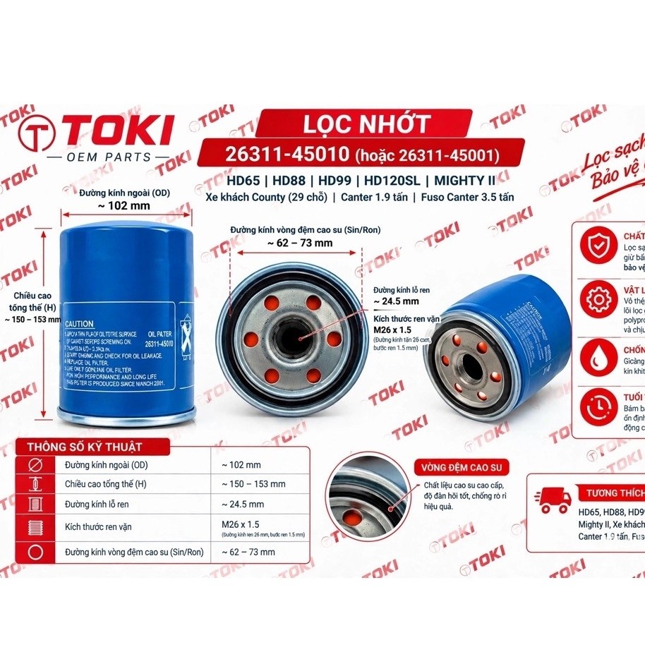 TOKI Lọc Nhớt 26311-45010 cho Xe Tải HD65 HD88 HD99 HD120SL MIGHTY II County 29 chỗ Canter 1.9 tấn F