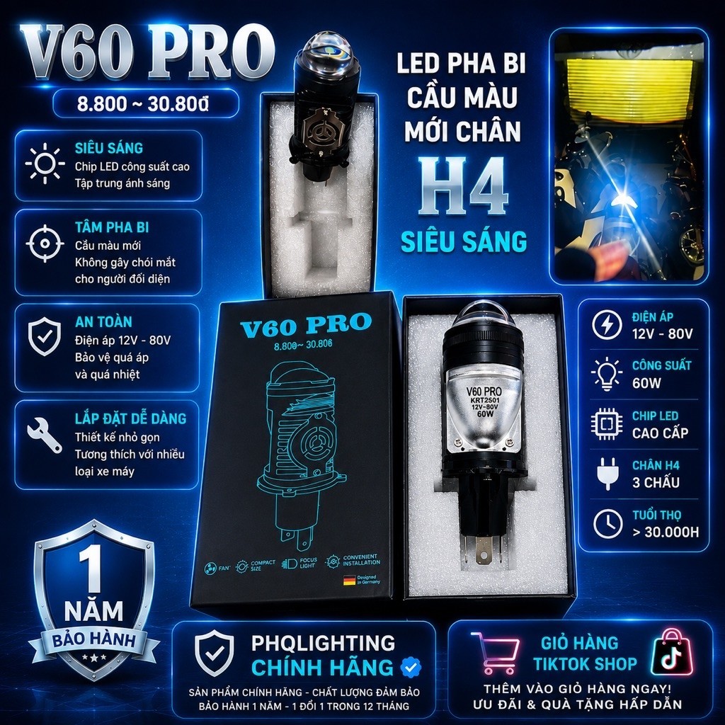 Đèn Led V60 PRO mẫu mới siêu sáng nâng cấp - Chân H4