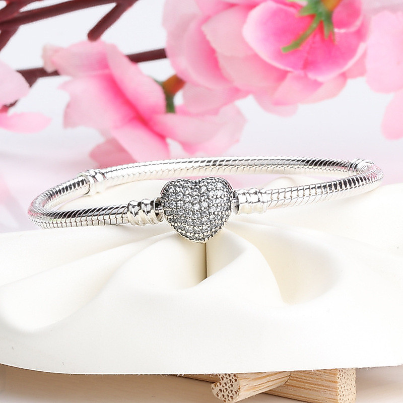 Vòng tay Pandora dây xích cơ bản S925 mạ đồng trắng, khóa hình trái tim. Vòng tay Pandora dây xích x