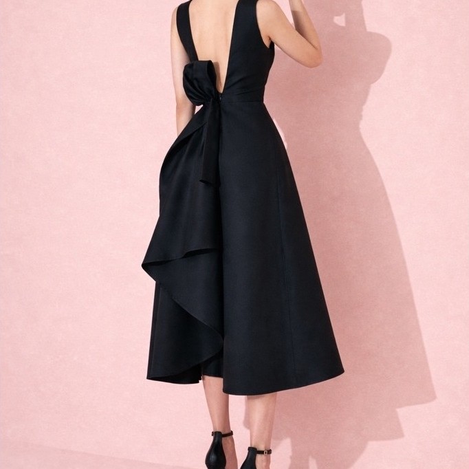 Đầm dự tiệc hở lưng MINA dáng xoè midi chất Taffeta màu đen quyến rũ đi tiệc siêu sang MN104