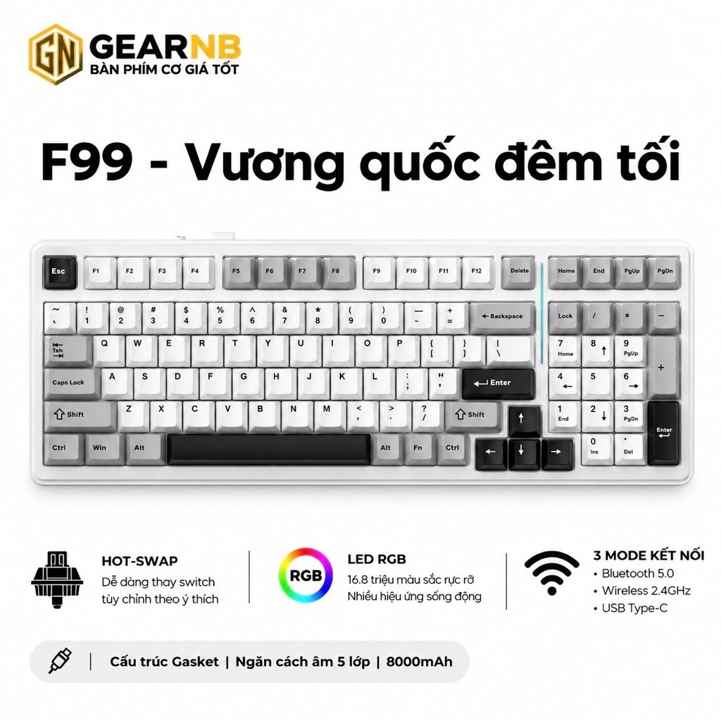[Hoả tốc] Bàn phím cơ F99 3 Mode Bluetooth 2.4G USB-C | RGB LED | Hot Swap | Layout 99 phím nhỏ gọn | Pin trâu