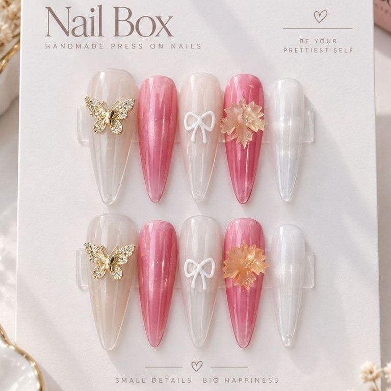 🦋 Nail box hồng ombre trong suốt đính charm bướm siêu xinh