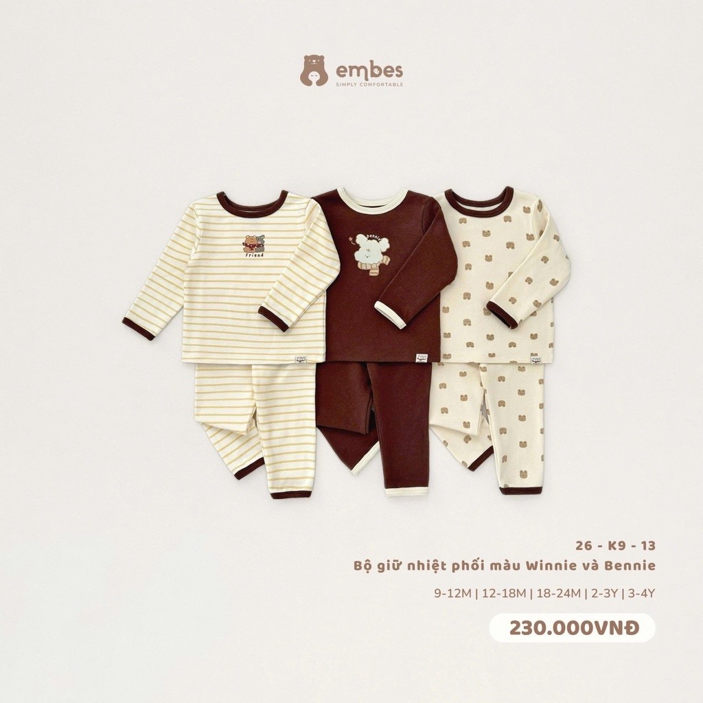 Bộ giữ nhiệt phối màu cho bé trai bé gái Embes. Bộ giữ nhiệt dày ấm cho bé BEO.Kids