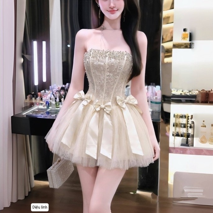 Đầm ren khâu đá ngực   Đen, kem  BYJOLIE