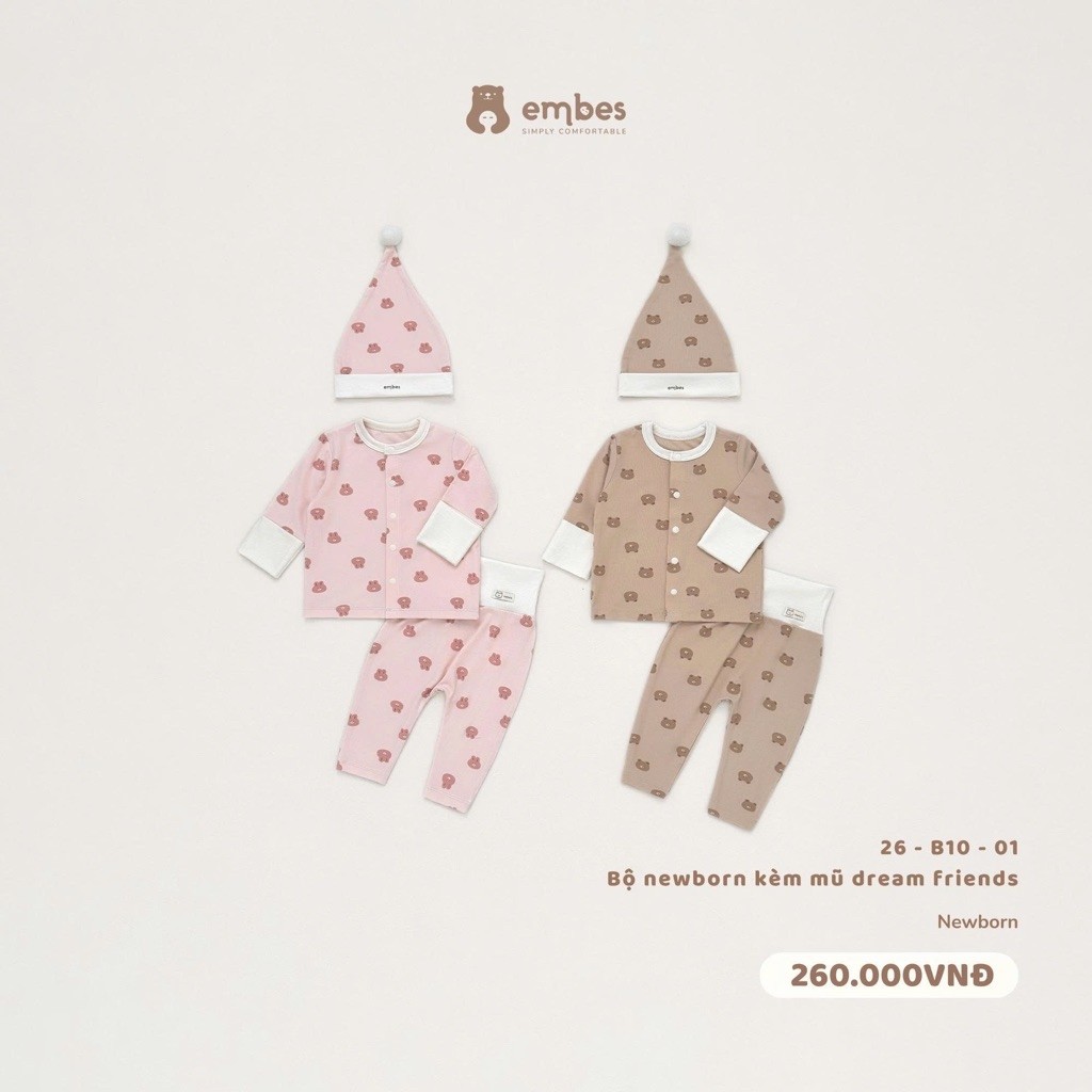 Bộ dài tay Newborn kèm mũ sơ sinh Embes cho bé trai bé gái. Bộ dài Newborn BEO.Kids