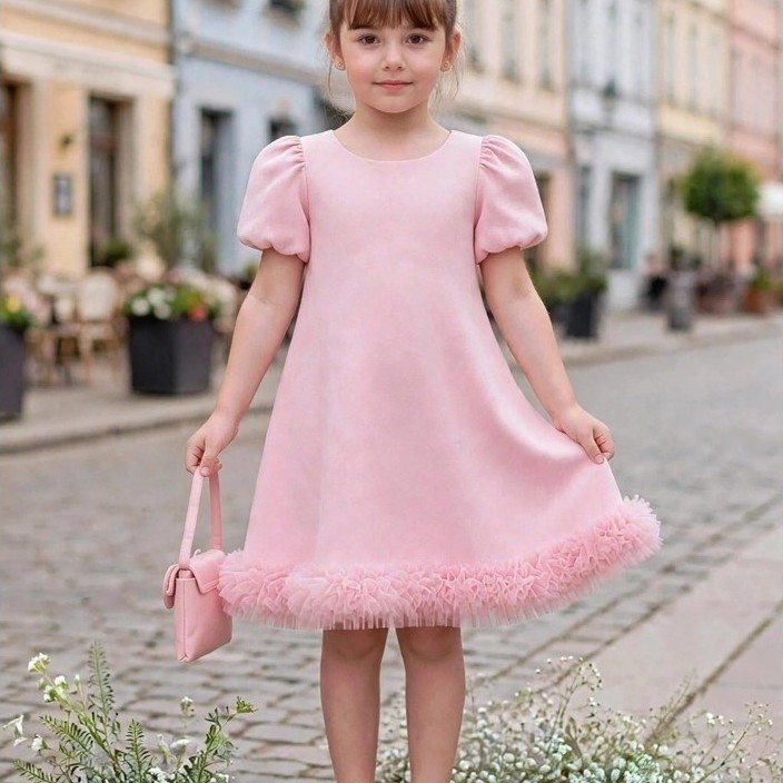 Đầm bé gái tay phồng hàng nút sau lưng viền ren xù D001