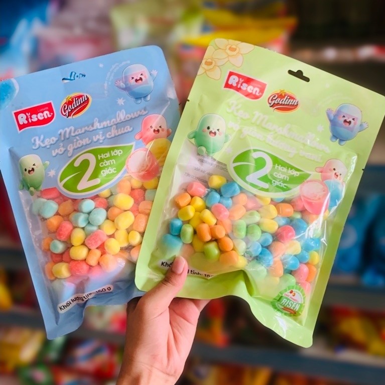 Kẹo Marshmallow Risen Cadina 2 Lớp Cảm Giác – Kẹo Mềm Xốp Nhân Giòn Nhiều Màu