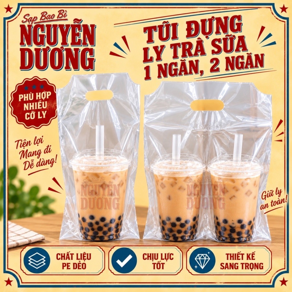 1 Kg Túi Đựng Ly Trà Sữa 1 Ngăn 2 Ngăn - Túi PE Đựng 1 Ly 2 Ly Có Vách Ngăn - Túi Mang Đi - Sạp Bao 