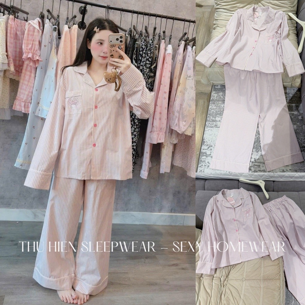 [HÀNG SẴN] Bộ ngủ thô dài tay pijama sọc dọc túi nơ cao cấp mềm mịn thoáng mát, mặc nhà đi dạo đi ch