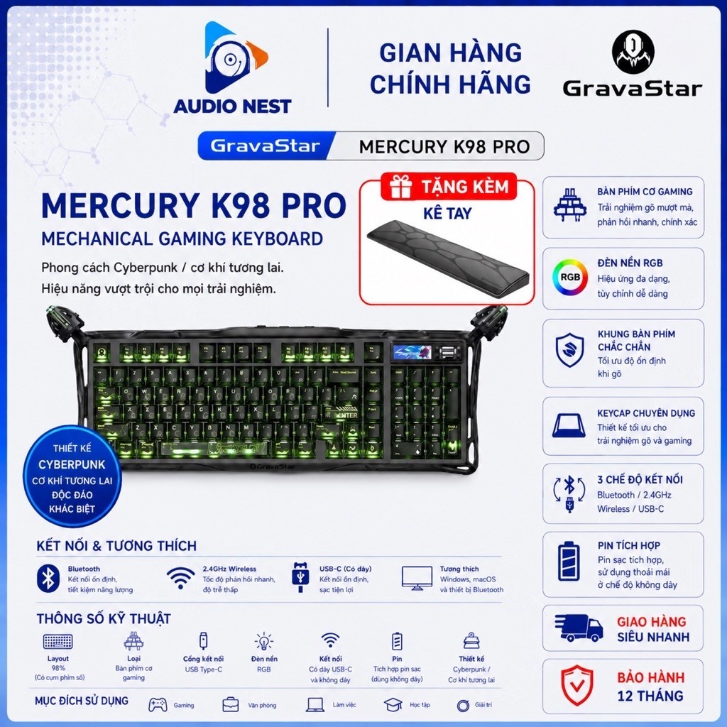 Bàn Phím Cơ Gaming GravaStar K98 Pro Layout 98% Màn Hình TFT - Bảo Hành 12 Tháng.