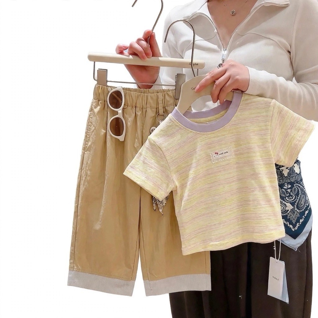 [BBkids] [Size 12-16kg] Hàng nhập QC- Set áo thun sọc phối quần suông bé gái cá tính
