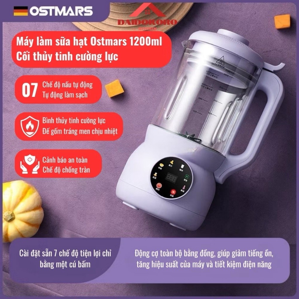 Máy Làm Sữa Hạt OSTMARS Cối Thuỷ Tinh Đa Chức Năng Lưỡi Dao 10 Cánh Dung Tích 1L